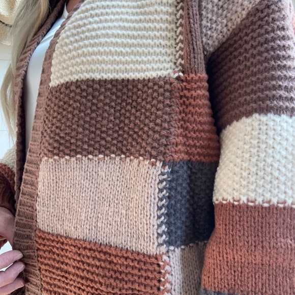 Mocha Brown Combo Checker Block Knit Cardigan Sweater - Picture 2 of 3